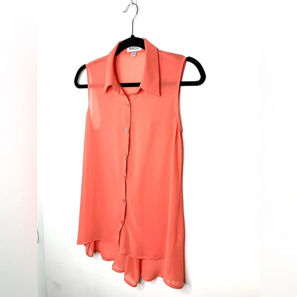 Nado Women's Blouse Sheer Button Down Front Collared Flowy Sleeveless Orange S - Picture 7 of 13
